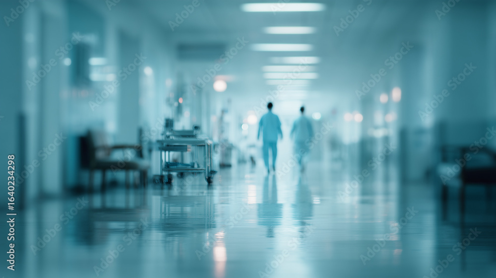 Fototapeta premium Blurred view of two doctors walking in the hospital corridor with medical equipment, concept for healthcare service, medical research and clinic interior design