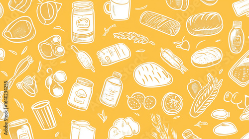 Seamless vector banner with hand drawn supermarket products illustrations. Background with doodle food sketches. Concept for grocery delivery and shopping. Cooking ingredients pattern 