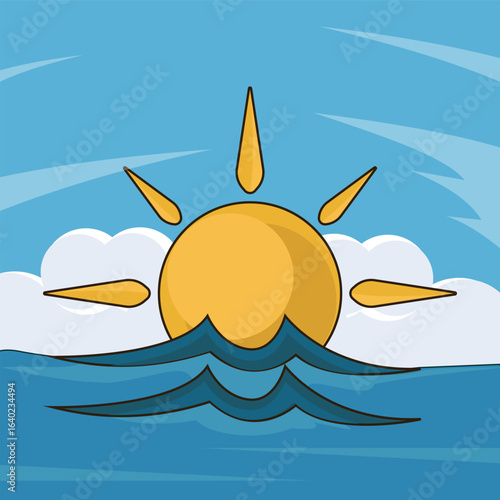 Ocean Sunrise landscaped vector illustration graphic design . Morning Sea Water Waves Cloudy Sky Dawn Scene for holiday or recreation concept with cartoon style