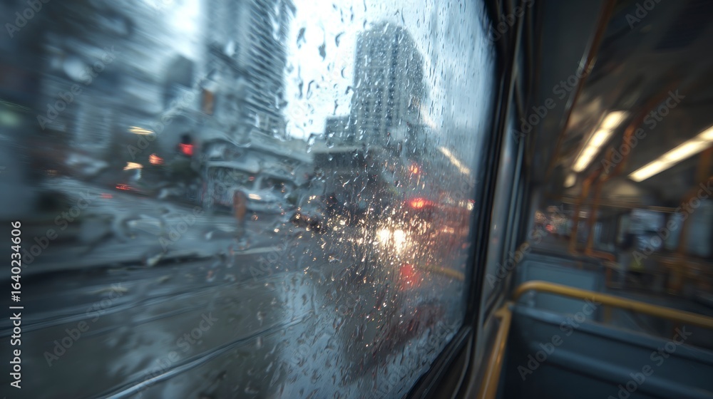 Obraz premium Rainy city street view from bus window
