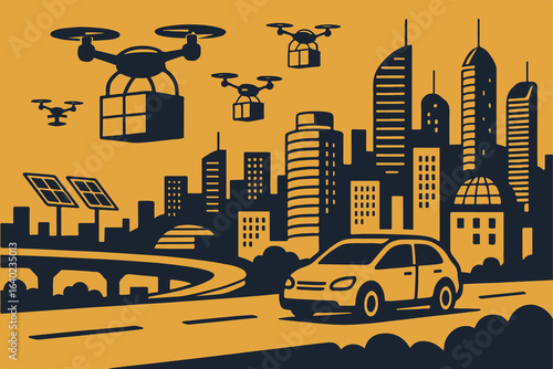 Illustration city of the future with drones vector minimalism Vector illustration minimalism