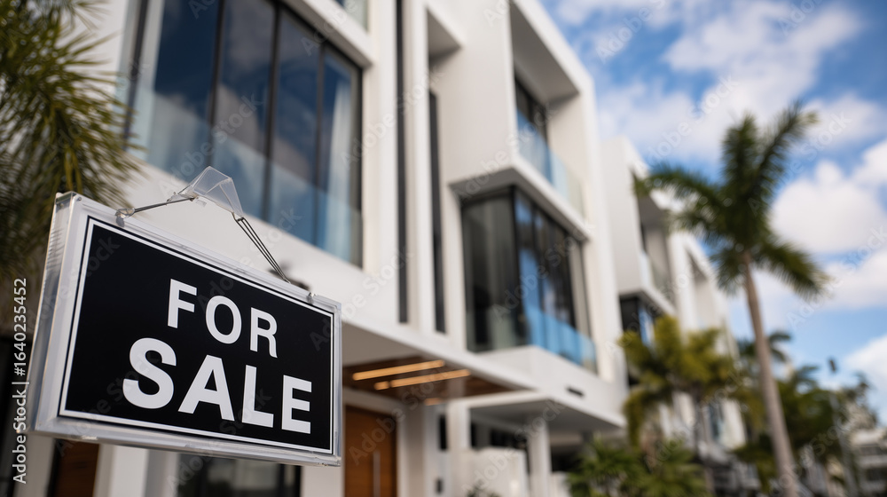 Obraz premium Close-up of a 'For Sale' sign hanging in front of a modern, white townhouse with palm trees and a blue sky, concept for real estate listings, property investments and home marketing