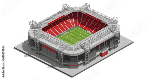 Detailed miniature 3D vector illustration of a Old Trafford stadium, presented in an isometric view for architectural concepts.
