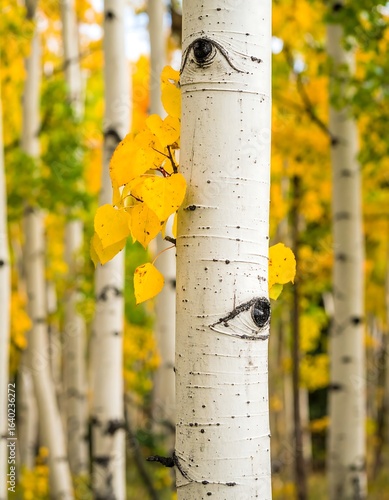 Aspen trees in autumn.  Close-up of bark and leaves