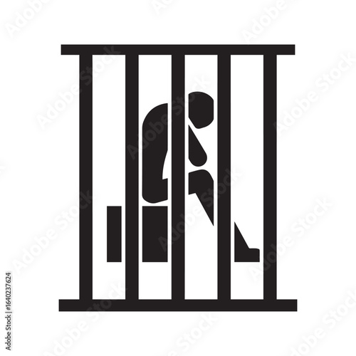 Prisoner in jail icon. Sad person sitting behind bars in a prison cell. Silhouette symbol for crime, punishment, justice, guilt, and confinement.
