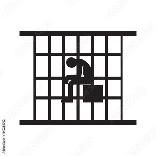 Prisoner in jail icon. Sad person sitting behind bars in a prison cell. Silhouette symbol for crime, punishment, justice, guilt, and confinement.
