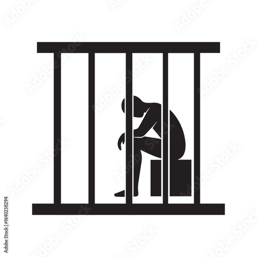 Prisoner in jail icon. Sad person sitting behind bars in a prison cell. Silhouette symbol for crime, punishment, justice, guilt, and confinement.
