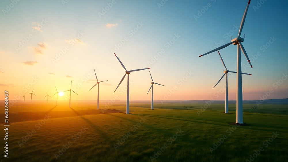 Obraz premium Wind Turbines in Green Field at Sunset Generating Renewable Energy