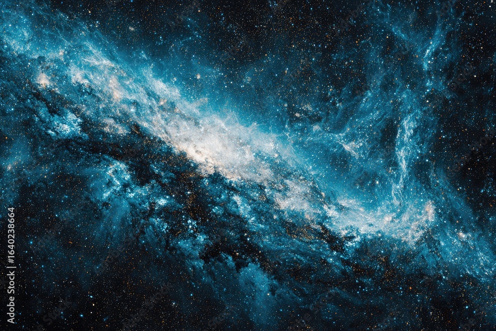 Obraz premium Cosmic nebula, swirling blues and whites against a dark backdrop. Vast expanse of space, showing clouds of gas and dust