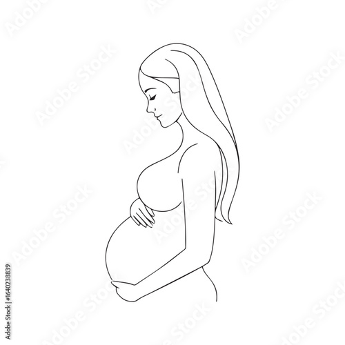 Pregnant woman holding her belly, minimalist line art vector illustration.
