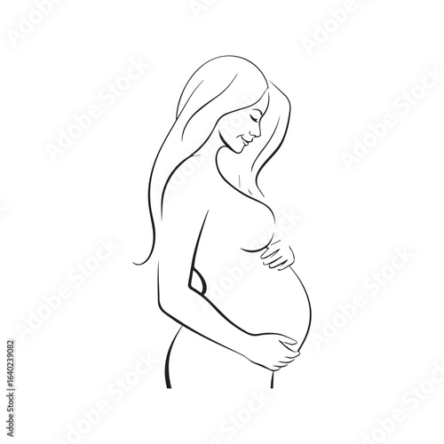 Pregnant woman holding her belly, minimalist line art vector illustration.
