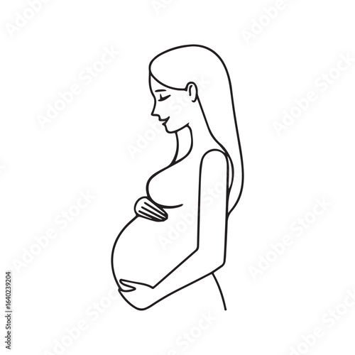 Pregnant woman holding her belly, minimalist line art vector illustration.
