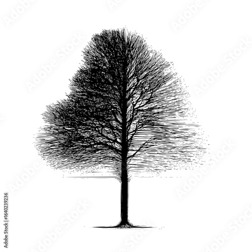 Detailed monochrome drawing of a bare tree with intricate branches and a textured crown design element