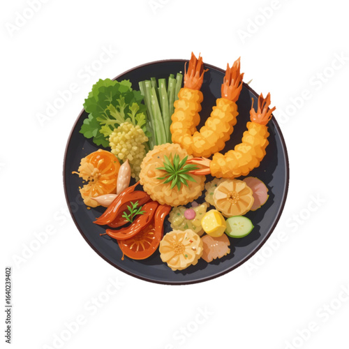 Vector illustration of tempura on a black plate