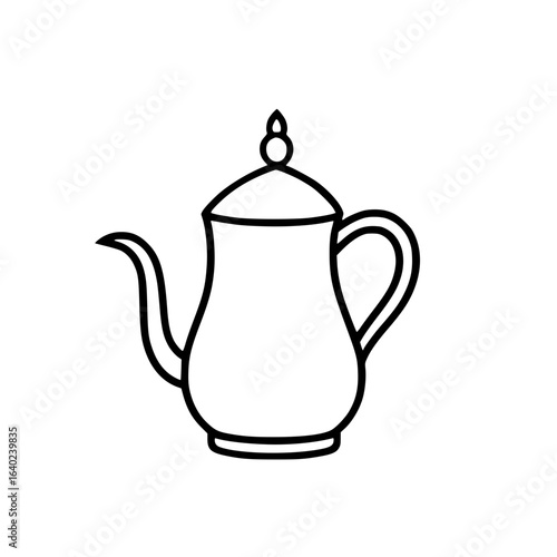Simple black and white outline of a vintage coffee pot icon, representing coffee brewing, café culture, and kitchen utensils. 