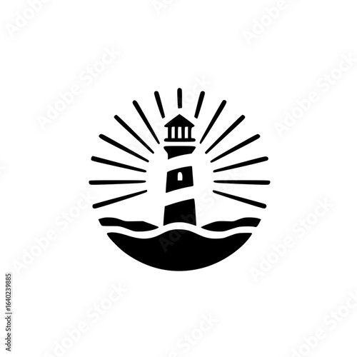 Minimalist black lighthouse silhouette with sun rays over ocean waves representing maritime navigation