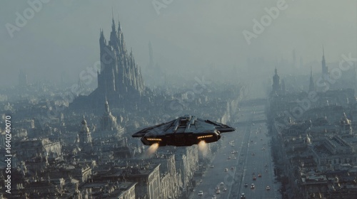 Futuristic city with a spaceship flying above it, science fiction concept