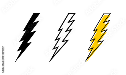Set of thunderbolt icons. Lightning signs isolated on white background. Flashlight, energy, electric power, blitz or voltage symbols. Danger or hazard pictograms. Vector graphic illustration.