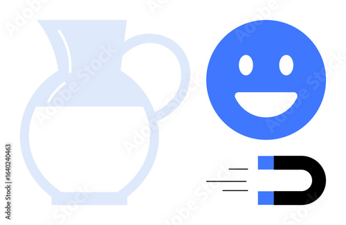 Blue happy face, milk pitcher, and magnet icon with motion lines. Ideal for positivity, attraction, minimalism, dairy products, happiness, energy simple landing page