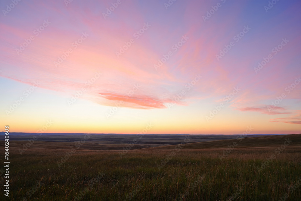 Serene Prairie Sunset: Pastel Sky over Rolling Grasslands, Peaceful Landscape Photography