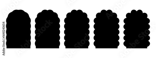 Set of arch shapes with scalloped borders. Curvy archway forms. Windows or mirrors, portals or doors, empty text boxes, tags or labels isolated on white background. Vector graphic illustration.