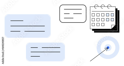 Calendar, speech bubble, notes, and target arrow convey planning and goal achievement. Ideal for organization, productivity, time management, business strategy, scheduling workflow simplified