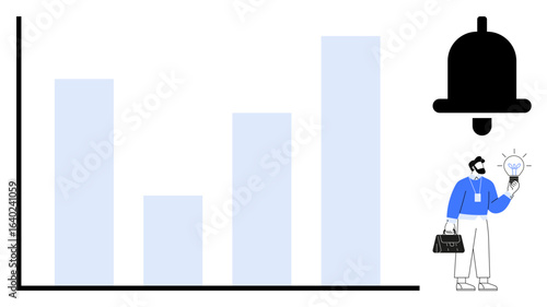 Businessman holds glowing lightbulb with idea, near bar graph and notification bell. Ideal for analytics, creativity, innovation, success, productivity, notifications progress symbolism. Simple flat