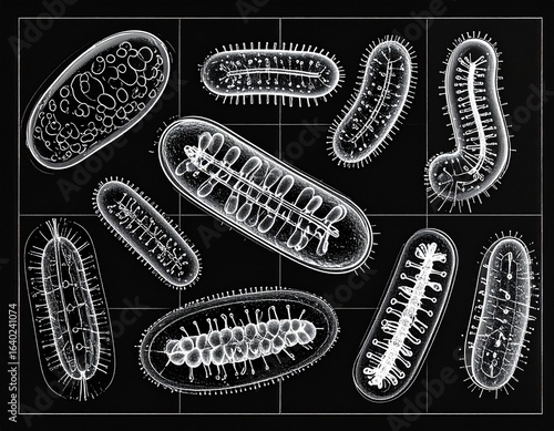 X-ray style bacteria illustration in monochrome for scientific and educational use.