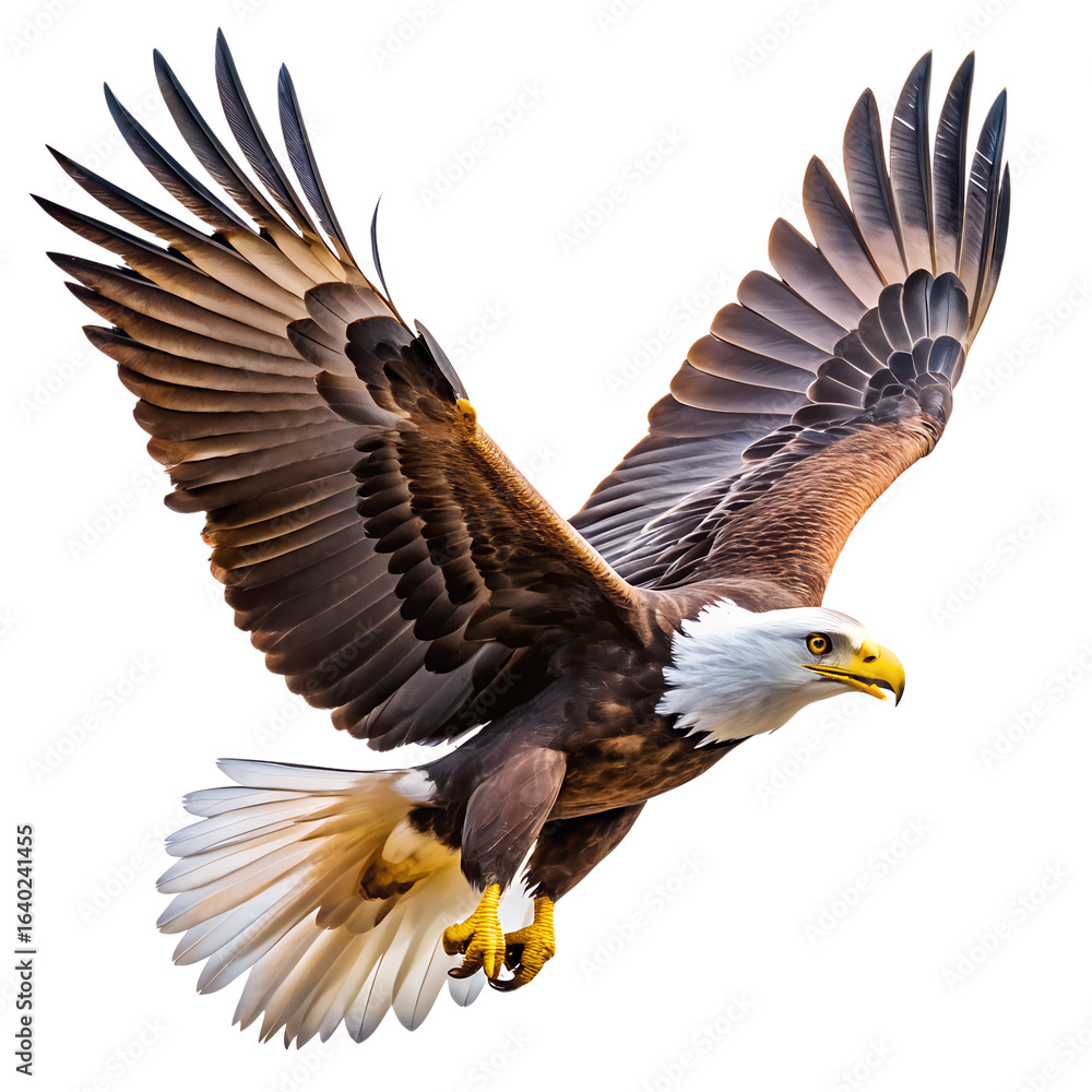 Obraz premium American bald eagle flying with wings spread wide against a blue sky
