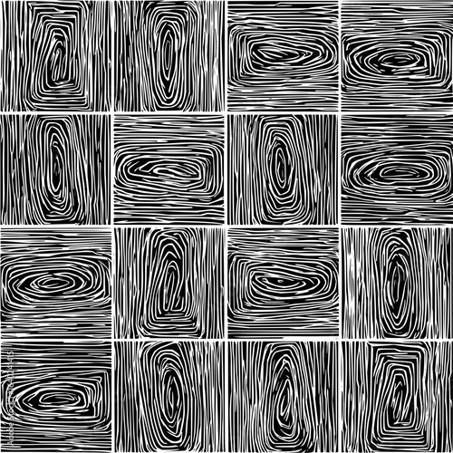 Black and white abstract pattern of squares with organic line designs in varying orientations aligned