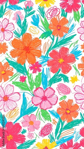 Wallpaper Mural Vibrant Hand-Drawn Floral Pattern Torontodigital.ca