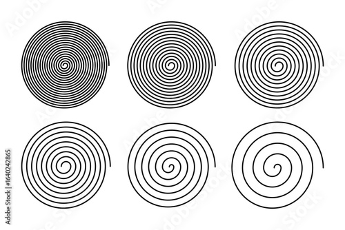 Spiral icons isolated on white background. Optical illusion effect. Hypnotic psychedelic design. Whirlpool, dizzy, tornado or funnel symbols. Archimedean curves. Vector graphic illustration.
