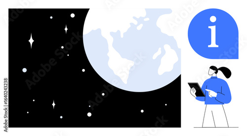 Woman holds tablet beside blue info icon, Earth partly illuminated, surrounded by stars and space. Ideal for education, technology, global outreach, astronomy, research, exploration simple landing