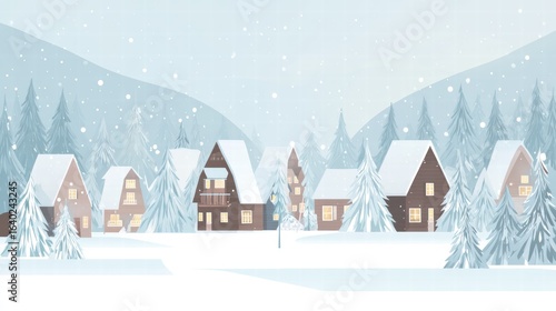 Cozy snowy village with cabins and pine trees, flat cartoon winter scene
