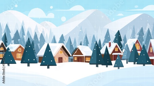 Cozy snowy village with cabins and pine trees, flat cartoon winter scene