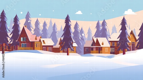 Cozy snowy village with cabins and pine trees, flat cartoon winter scene