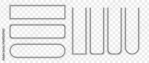 Set of button, banner or bookmarks shadow effects. Different realistic soft shapes. Rectangular shades with round edges isolated on transparent background. Vector realistic illustration.