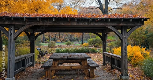 wooden bench in autumn