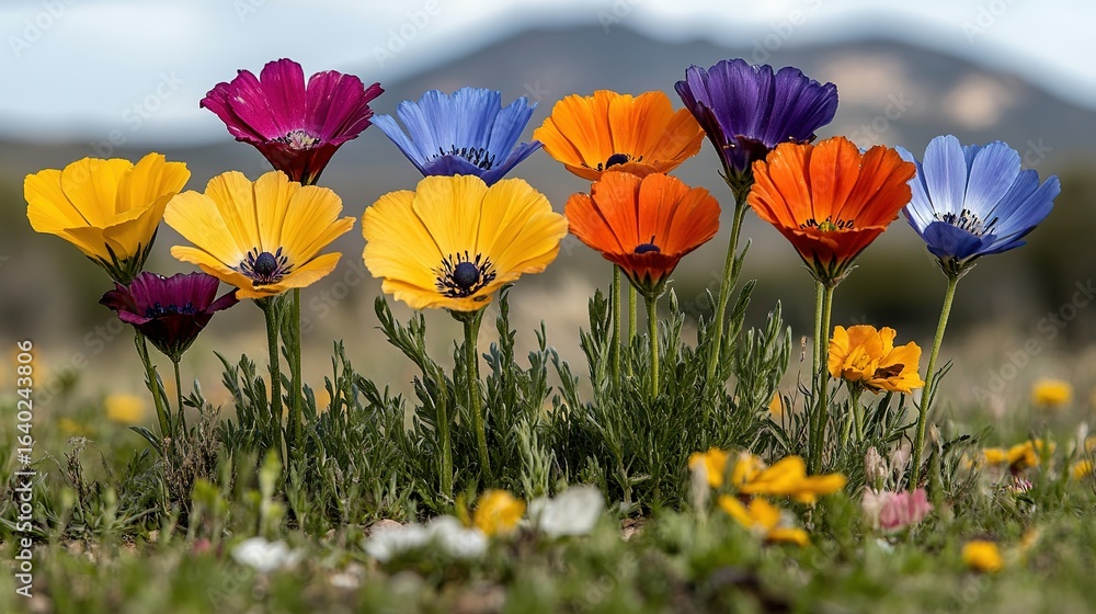 Obraz premium Colorful flowers bloom in a field with blurred mountains in the background.