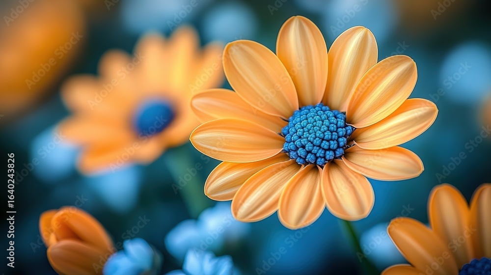 Fototapeta premium Close-up of orange daisy-like flowers with blue centers against a blurred blue background.