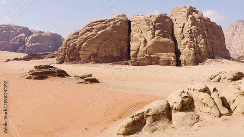 Aerial view of the Mushroom Area of Wadi Rum, Jordan, with the impressive cliffs and mountains.