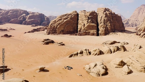Aerial view of the Mushroom Area of Wadi Rum, Jordan, with the impressive cliffs and mountains.