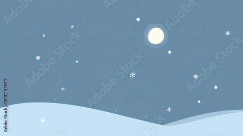 Dreamy winter night sky glowing with moon and falling snowflakes
