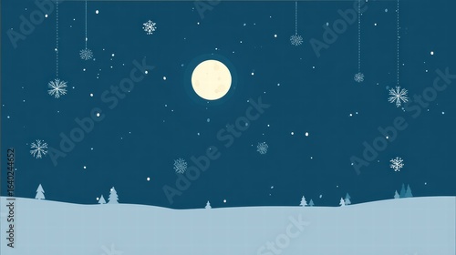 Dreamy winter night sky glowing with moon and falling snowflakes