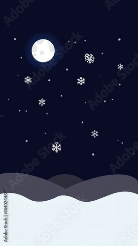 Dreamy winter night sky glowing with moon and falling snowflakes