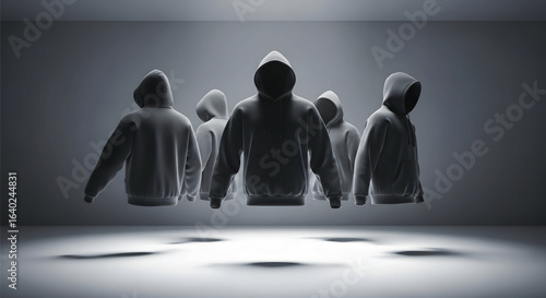 A group of anonymous, faceless figures in hoodies levitating in a dark, mysterious room under a spotlight.
