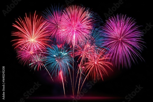 Vibrant fireworks bursts in shades of pink, red, and blue against a black background
