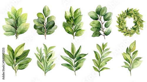 Watercolor illustrations of various green leaves and a wreath on a white background.