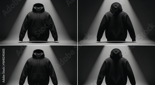 A four-panel grid showcases a black hoodie from the front and back, dramatically lit by spotlights.