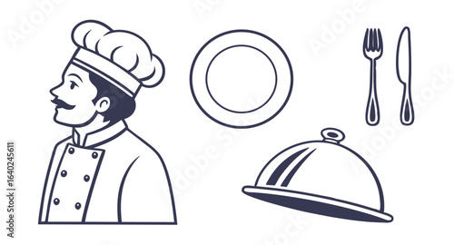 Chef, Plate, Silverware, and Dome Lid:  Simple Line Art Restaurant Illustration